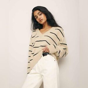 Reformation Sienna Oversized Cotton V Neck Sweater - Birch with Black Stripe SzL